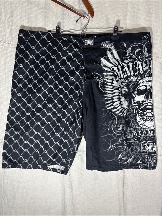 Mma Elite Other - Vintage Y2K MMA Elite Skull&Chain Link Fight Shorts Cyber Grunge Black Big&Tall